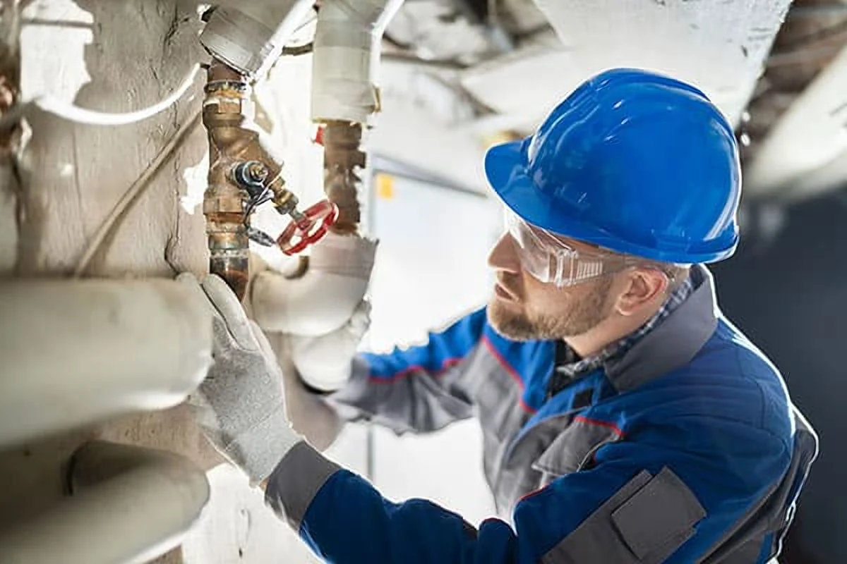 Licensed plumber in a hard hat and safety glasses inspecting a pipe valve