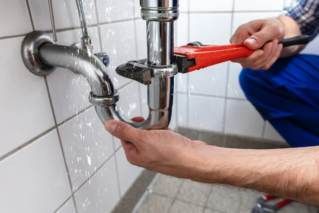 Plumber tightening a leaking chrome P-trap, plumbing repair in Etobicoke