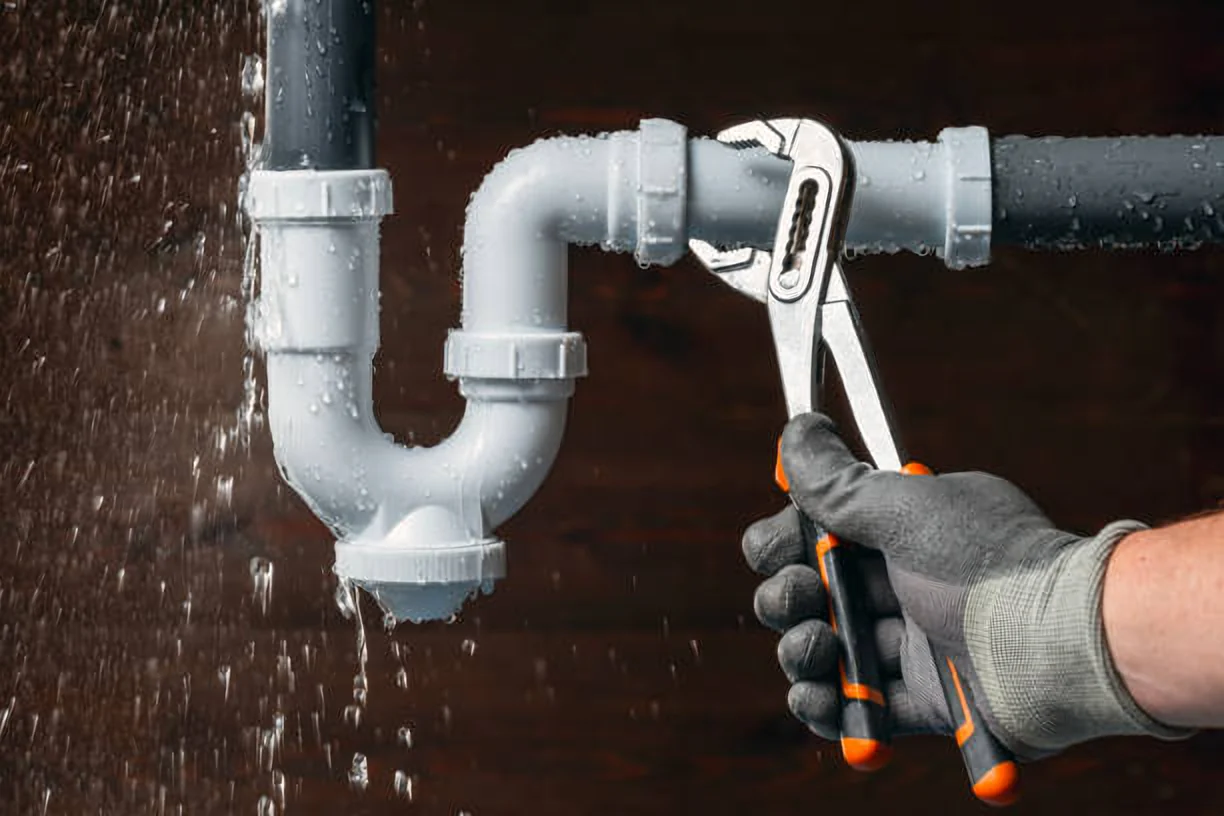 Gloved hand fixing a leaking sink trap, emergency leak repair in Scarborough