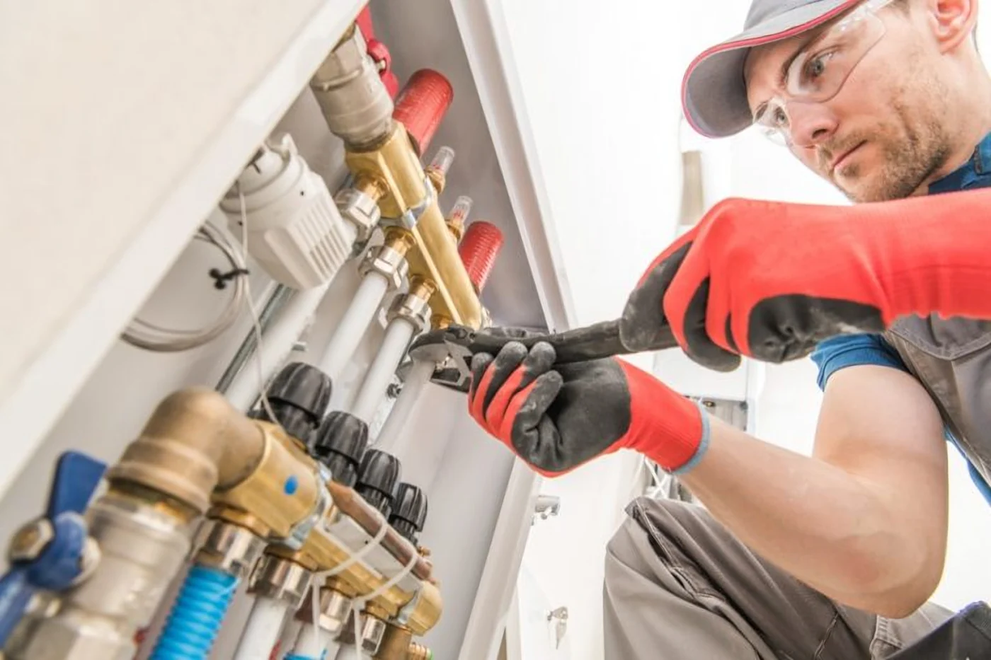 Plumbing technician tightening a brass heating manifold, plumbing and heating service in Thornhill