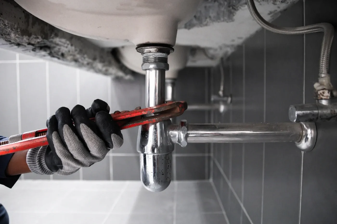 Plumber fitting a chrome bottle trap under a bathroom sink, plumbing service in York, Toronto