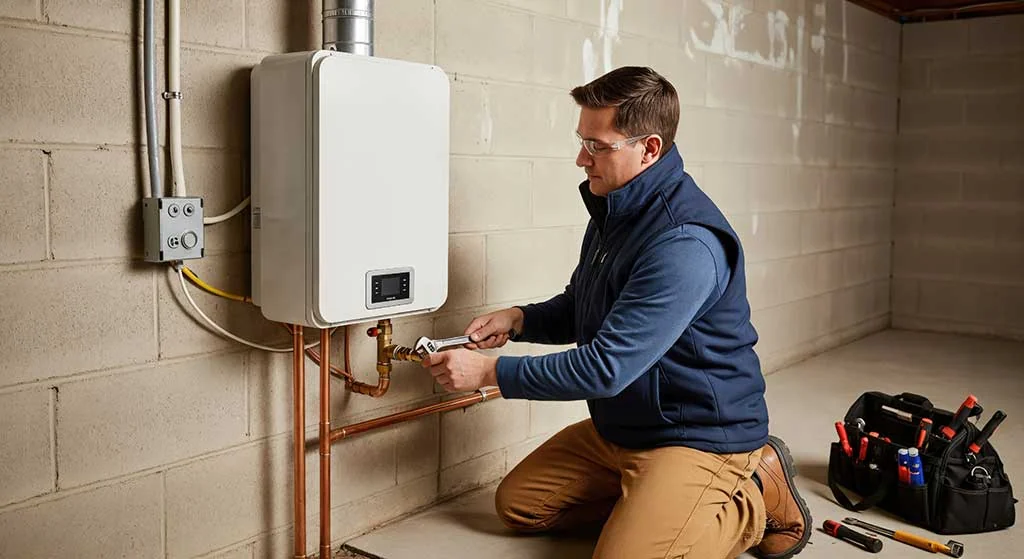 Technician installing a wall-mounted tankless water heater with copper piping in a Toronto basement